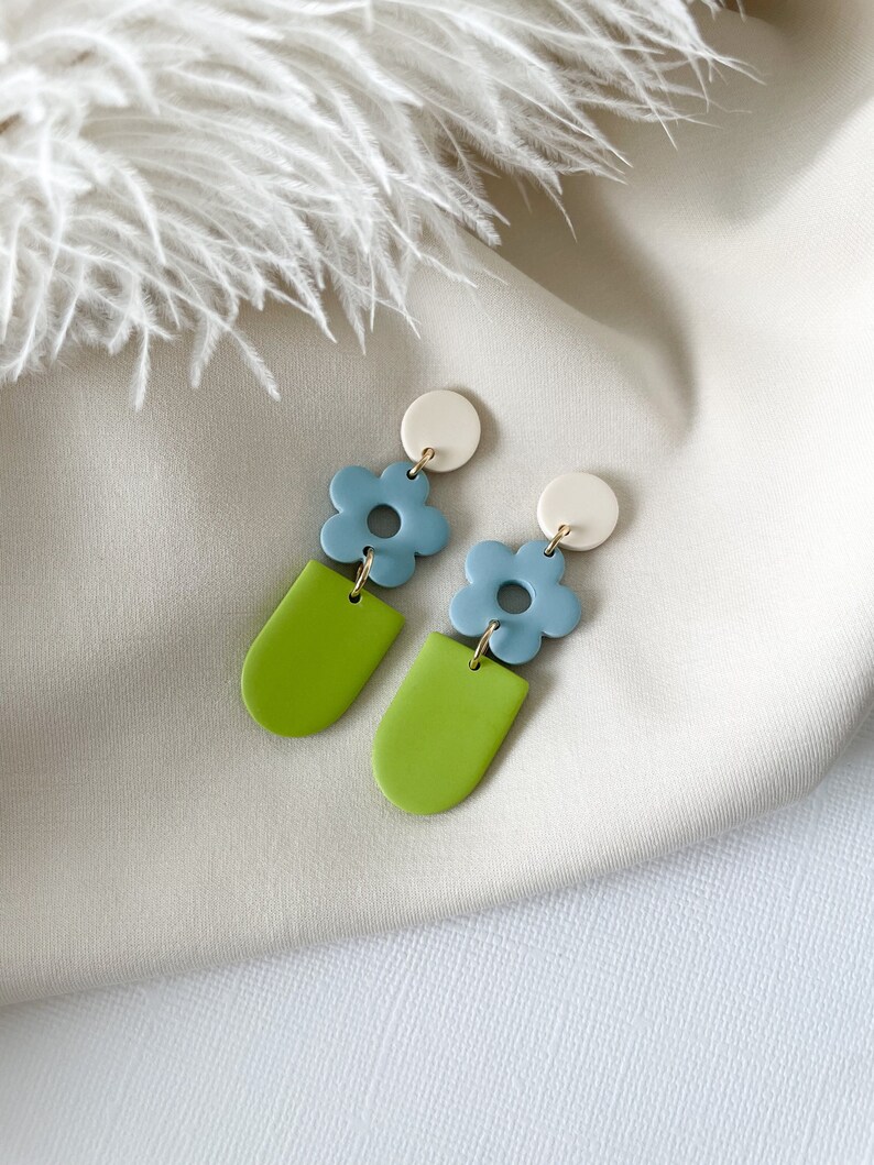 Tiered Blue and Green Clay Earrings // Flower Dangle Earrings // Statement Clay Earrings // Cream, Blue, Green Earring // Retro Flower Style image 1
