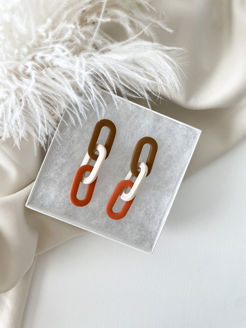 Chain Link Dangle Earrings // Link Earrings // Brown, Cream, Orange Earrings // Neutral Color Earrings // Statement Earrings // Earth Tone image 6