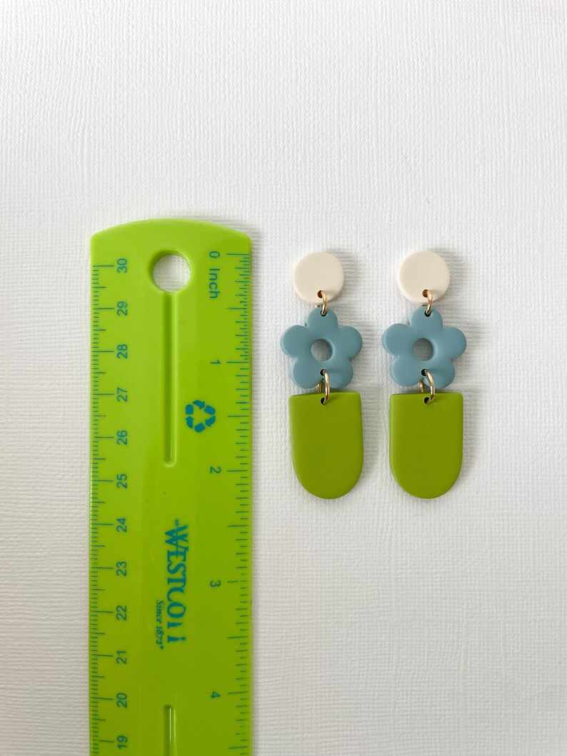 Tiered Blue and Green Clay Earrings // Flower Dangle Earrings // Statement Clay Earrings // Cream, Blue, Green Earring // Retro Flower Style image 5