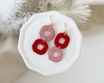 Pink and Red Square Clay Earrings // Tiered Earrings // Shiny Resin Earrings // Bold Earrings // Mismatched Earrings