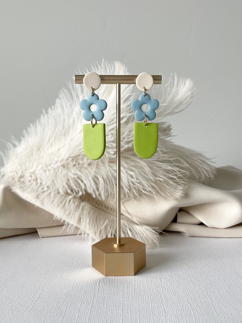 Tiered Blue and Green Clay Earrings // Flower Dangle Earrings // Statement Clay Earrings // Cream, Blue, Green Earring // Retro Flower Style image 3