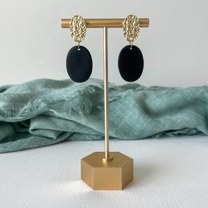 Gold Hammered Earrings with Black Dangle // Black Clay Earrings // Gold and Black Earrings // Minimal Earrings // Minimal Statement Earring image 4