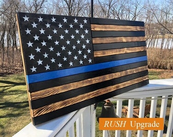 LARGE 19x36 Police Flag, Thin Blue Line, Back The Blue, Thin Blue Line svg, Wood Flag, Wooden Flag, Police Wife, Police Officer Gift