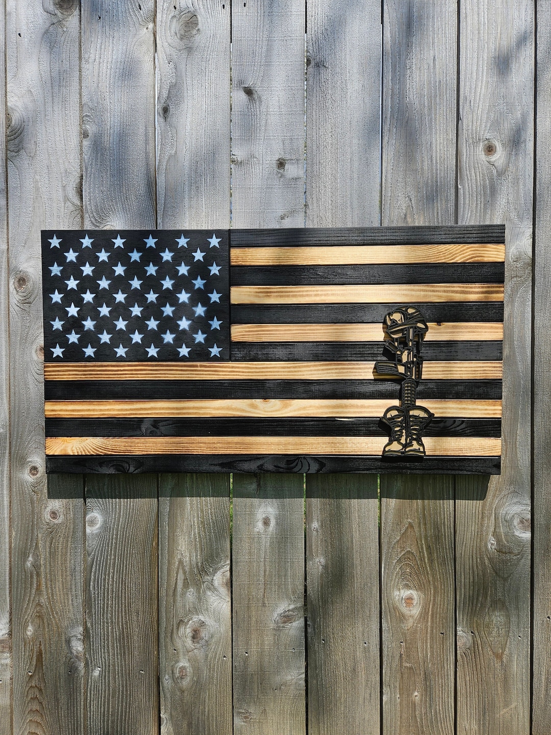 LARGE 19x36 3D Layered Engraving, Battlefield Cross, Wooden Flag