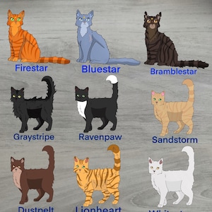 Op de afbeelding: Illustratie van negen cartoon-katten uit de Warriors-serie. De katten zijn gerangschikt in drie rijen van drie. De katten zijn allemaal in verschillende kleuren en hebben verschillende markeringen. De namen van de katten staan eronder. De namen zijn Firestar, Bluestar, Bramblestar, Graystripe, Ravenpaw, Sandstorm, Dustpelt, Lionheart en Whitestorm. De tekst "Thunderclan Cats" staat onder de katten.
