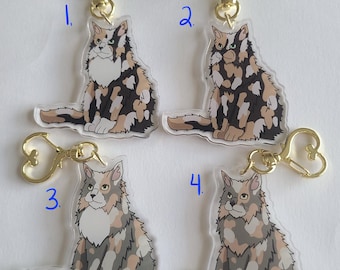 Long Haired Tortie and Diluted Tortoiseshell Cat Acrylic Pet Keychain/ Adorable Kawaii Charm/ Animal Lover Gift/ Pet Loss Memorial Memento