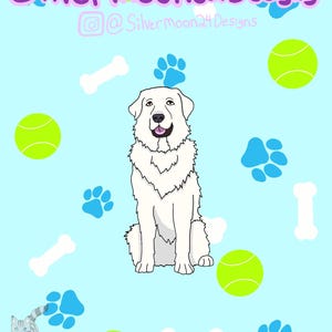 Puede incluir: Ilustración de un perro blanco con expresión feliz, rodeado de pelotas de tenis verdes, huellas de patas azules y huesos blancos sobre un fondo azul claro. El texto "Silvermoon24Designs" está en la parte superior.