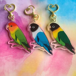 Puede incluir: Tres llaveros de pájaros coloridos con cierres dorados en forma de corazón. Los pájaros presentan colores vibrantes: naranja, verde, amarillo y azul. Cada llavero es un diseño único, ideal para llaves o bolsos.