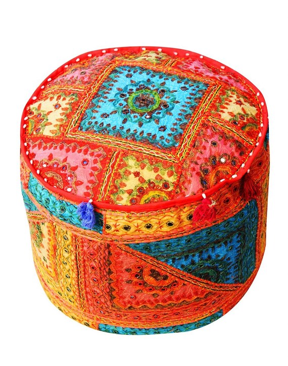 Indian Handmade Pouf Ottoman Vintage Round Pouf Embroidered Etsy