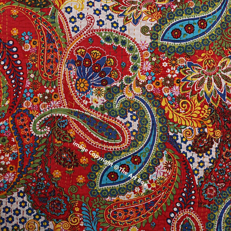 Red Paisley Kantha Handmade Quilt Indian Cotton Bedspread Etsy