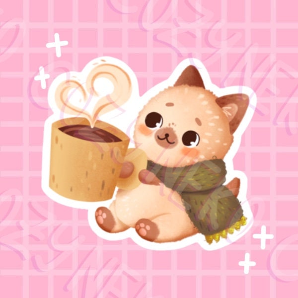 Cute Cozy Coffee Cat Sticker - Vinyl Sticker - Cute Kawaii Sticker - Gift Idea - Small Gift