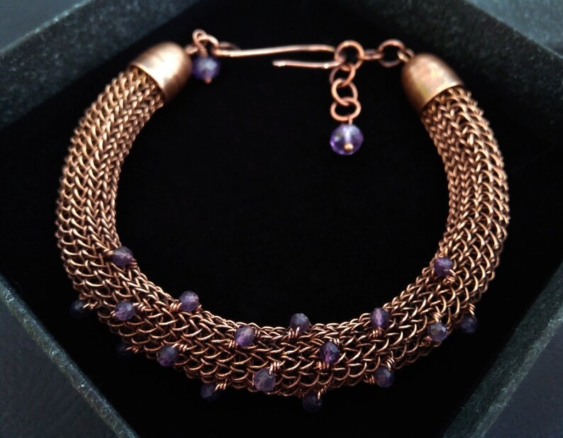 copper wire wrapped bracelet Amethyst viking knit bracelet