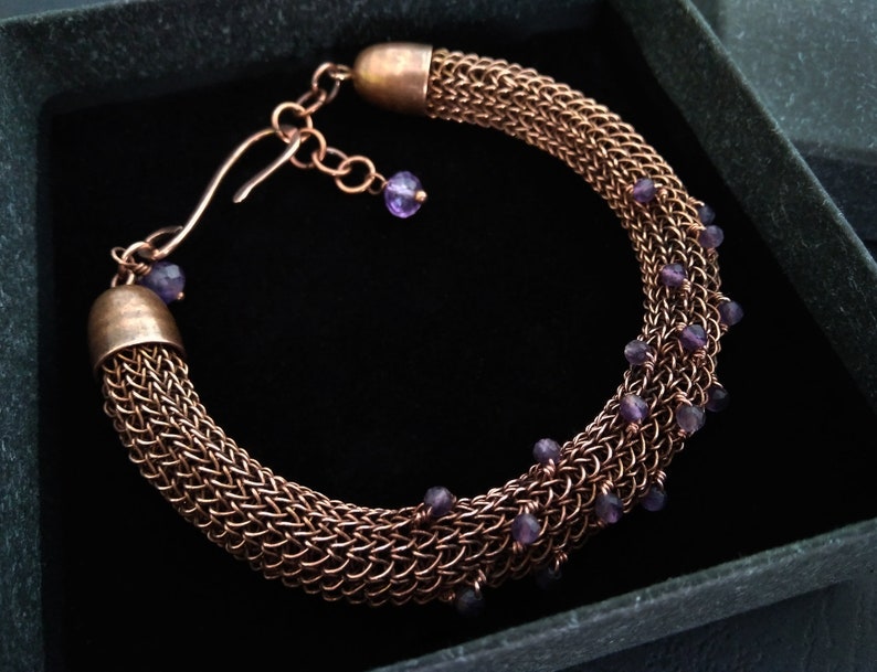 copper wire wrapped bracelet Amethyst viking knit bracelet