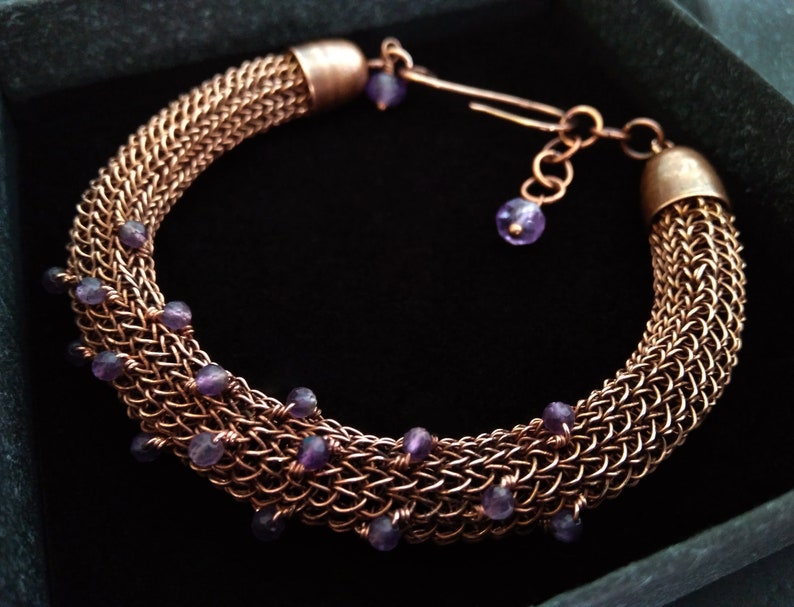 copper wire wrapped bracelet Amethyst viking knit bracelet