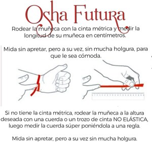 Puede incluir: Diagrama que muestra c&oacute;mo medir la mu&ntilde;eca con una cinta m&eacute;trica. La imagen muestra dos manos, una con una cinta m&eacute;trica alrededor de la mu&ntilde;eca y la otra con una regla. El texto dice "Ocha Futura" y proporciona instrucciones sobre c&oacute;mo medir la mu&ntilde;eca.