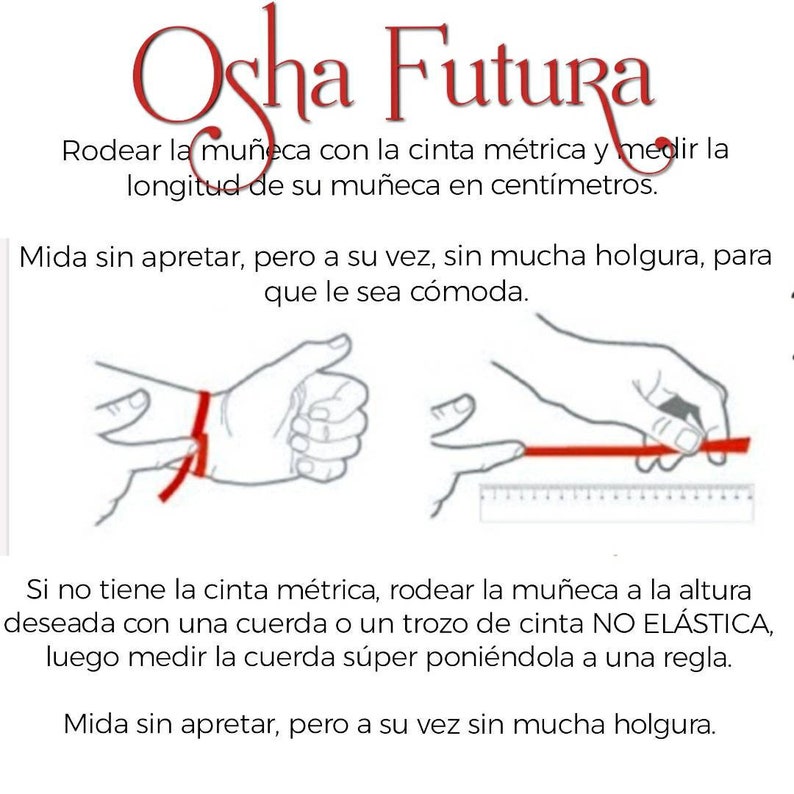 Puede incluir: Diagrama que muestra c&oacute;mo medir la mu&ntilde;eca con una cinta m&eacute;trica. La imagen muestra dos manos, una con una cinta m&eacute;trica alrededor de la mu&ntilde;eca y la otra con una regla. El texto dice "Ocha Futura" y proporciona instrucciones sobre c&oacute;mo medir la mu&ntilde;eca.