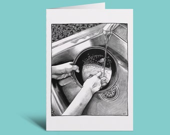 Washing Rice - 5x7” Greeting Card with Envelope - Fine Art Print - Asian Food Art