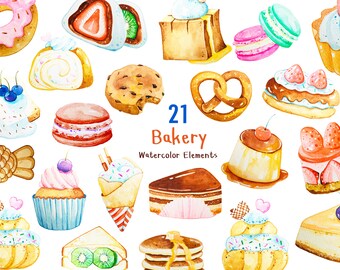 May include: 21 watercolor illustrations of bakery items, including donuts, pastries, cakes, cookies, bread, and other sweet treats. The illustrations are in a variety of colors and styles, and they are all very detailed.