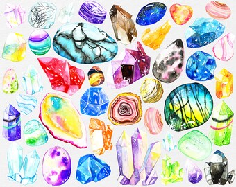May include: A collection of watercolor painted gemstones in various shapes and colors, including amethyst, agate, and quartz. The gemstones are arranged in a random pattern on a white background.