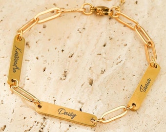 Personalized Name Bracelet With Paperclip Chain, Custom Engraved Multiple Nameplate Bar Bracelet for Women, Gift for Her