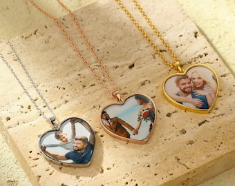 Personalized Photo Heart Necklace, Photo Engraved Pendant, Heart Shaped Family Couple Necklace, Custom Picture Necklace, Gift for Wife