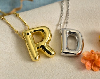 Custom Balloon Letters Necklace, Bubble Name Necklace, Gold Bubble Letter Pendant, personalized Initial Letter Jewelry, Gift for her