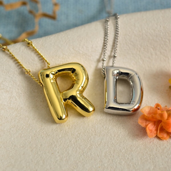 Custom Balloon Letters Necklace, Bubble Name Necklace, Gold Bubble Letter Pendant, personalized Initial Letter Jewelry, Gift for her