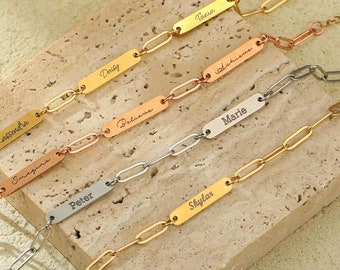 Custom Name Bracelet With Paperclip Chain, Multiple Name Engraved Nameplate Bar Bracelet for Women, New Mom Gift, Mothers Day Gift For Her.
