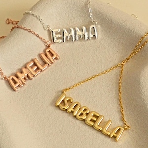 Collar personalizado con nombre de burbuja, collar con placa de identificación personalizada en 3D chapado en oro de 18 k, collar con letras de hojaldre de plata de ley S925, regalo para ella