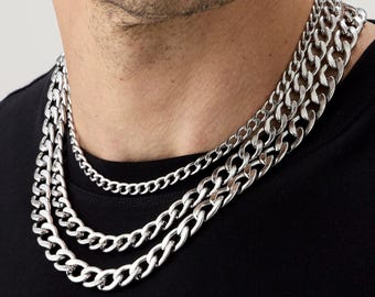 Men's Stainless Steel Cuban Chain, Link Chain Curb Necklace for Him, Gift for Boyfriend, Gift for Men, Silver High Polished Chain