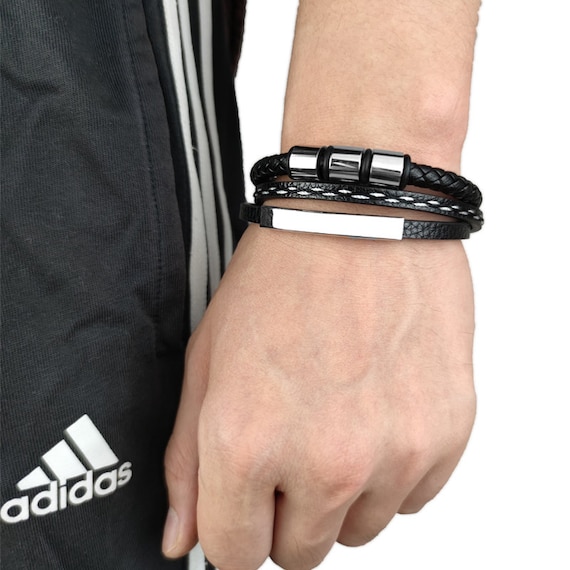 Personalized Men Genuine Leather Bracelet With Silver Custom Beads