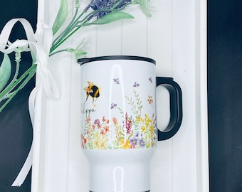Personalised Travel Mug Coffee Flask with name Cup for Nan, carry, with handle, morning, breakfast, hot drink on the go, flowers, bumble bee