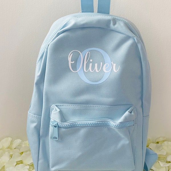 Personalised back pack, pale blue back pack, bag with name on, Rucksack for kids, back to school, travel bag, book bag, carry on, luggage