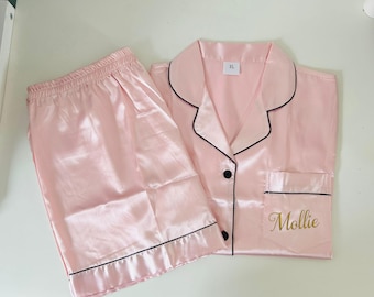 Personalised Silk Pyjamas set, birthday gift for her, luxury satin short set, custom name nightwear, ladies sleepwear gift, pamper night