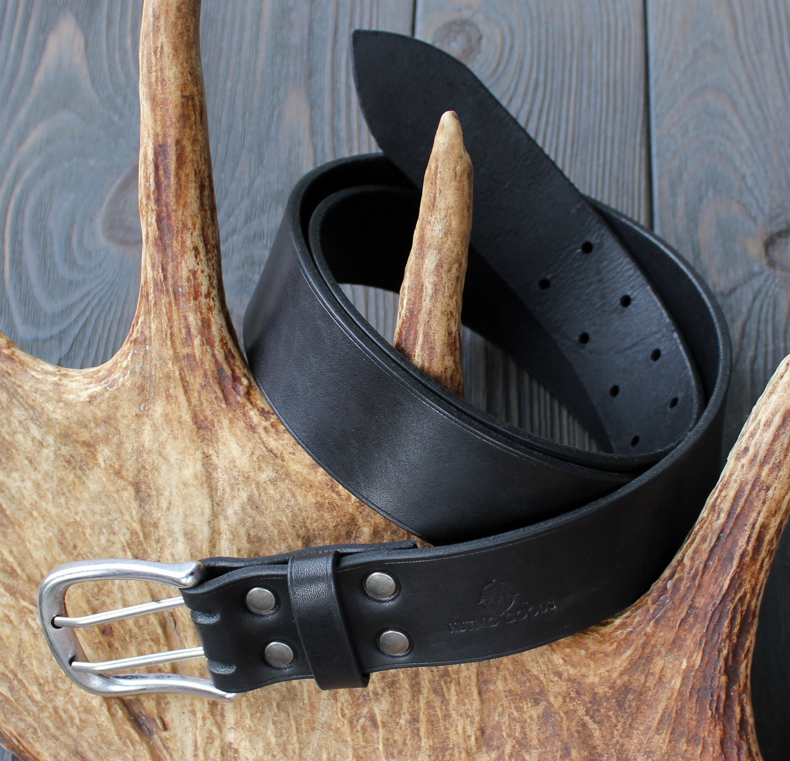 Heavy Duty Black Leather Belt 2 Prong Belt Double Hole Belt Etsy