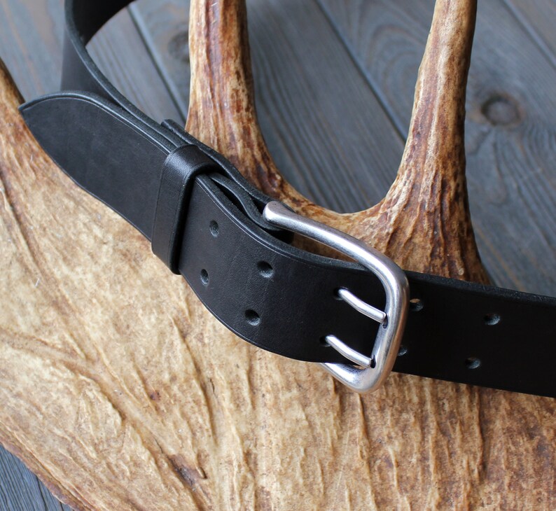 Heavy Duty Black Leather Belt 2 Prong Belt Double Hole Belt Etsy