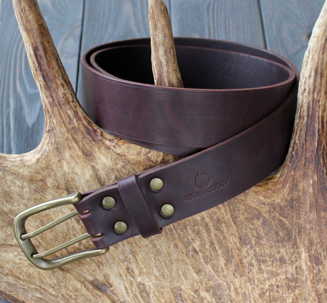 Heavy Duty Brown Leather Belt 2 Prong Belt Double Hole Belt Etsy