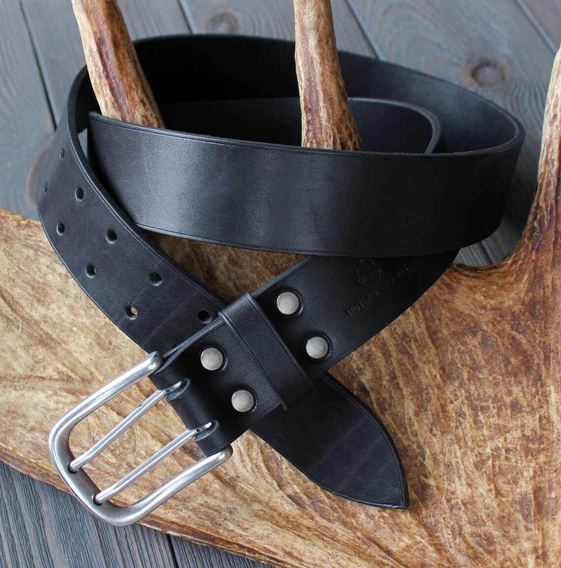 Heavy Duty Black Leather Belt 2 Prong Belt Double Hole Belt Etsy
