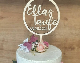 Cake Topper zur Taufe - aus Holz - schlicht schöner Kuchenstecker zur Taufe + mit Name und Datumindividuell