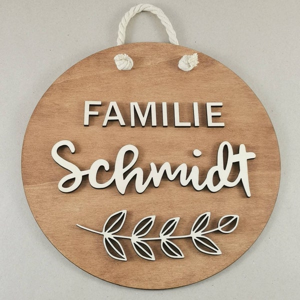 round wooden sign - family sign - door sign - nameplate made of wood - in walnut 3-D picture