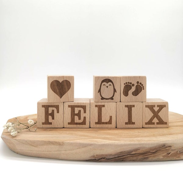 Holzwürfel Baby mit Gravur positiv, 30mm 3cm Länge, ab 1,70 EUR/St, Buchstabenwürfel Geschenk zur Geburt, Taufe, Geburtswürfel, Staffelpreis