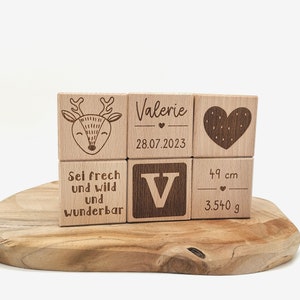 Individual wooden cube set for birth with engraving, 50 mm 5 cm length, gift for birth, baptism, birth cube