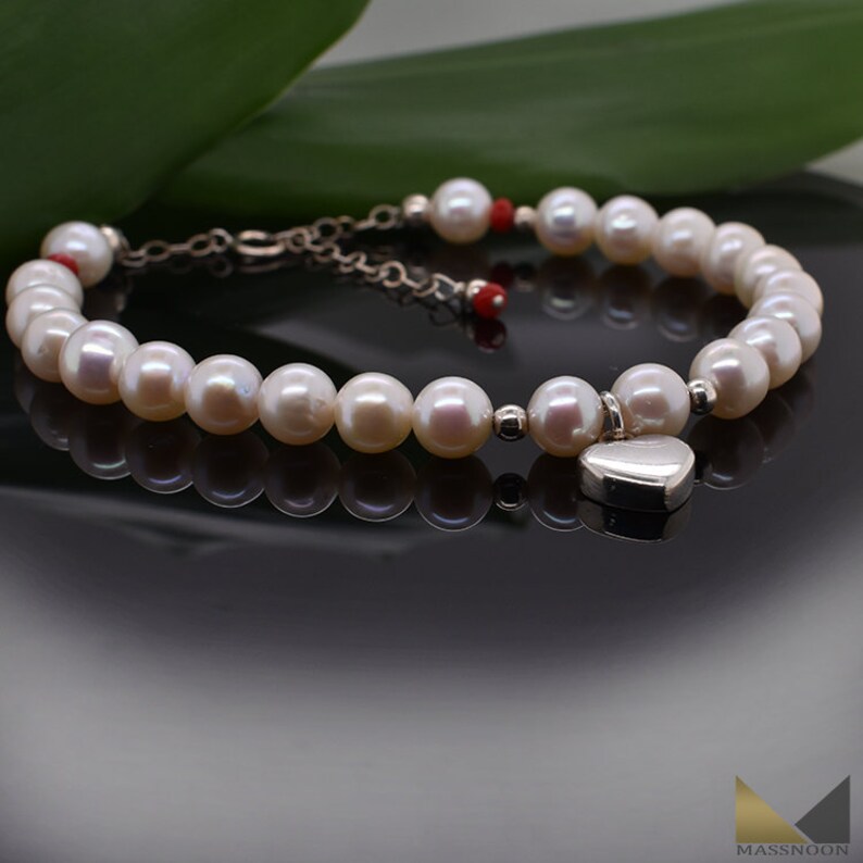 Pearl With Red Coral 925 Sterling Silver Heart Charm Beaded Bracelet,Heart Charm With Bead Stone Bracelet,Mother/'s Day Gift,Gift For Mom