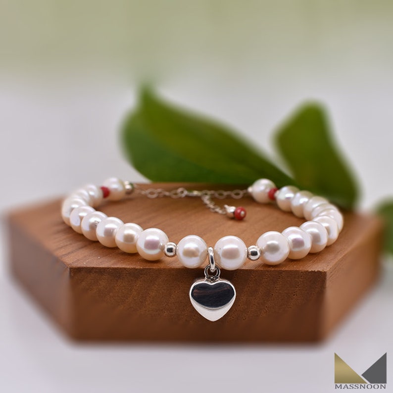 Pearl With Red Coral 925 Sterling Silver Heart Charm Beaded Bracelet,Heart Charm With Bead Stone Bracelet,Mother/'s Day Gift,Gift For Mom