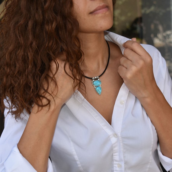 Leather Necklace Cord with Blue Mohave Turquoise Silver Pendant,Turquoise Silver Pendant Necklace,Leather Necklace for Women,Boho Jewelry