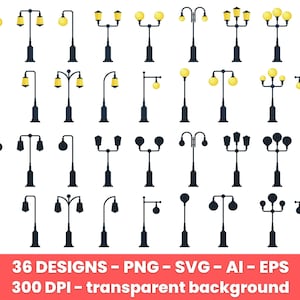 Set of vintage streetlamp clipart. Lamppost, light, retro, clipart, decoration, electricity, elegant, illumination. Vector clipart print.