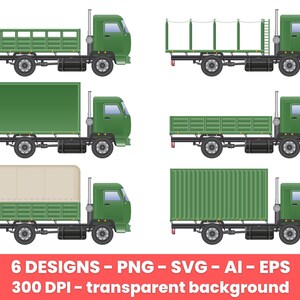 May include: Six different variations of a green military truck with different cargo beds. The trucks have a flatbed, a covered bed, a container, a side-loading bed, and a caged bed. The trucks are on a white background.