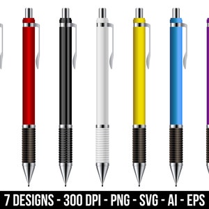 May include: Seven different colored pens with silver accents and a clip. The pens are green, red, black, white, yellow, blue, and purple.
