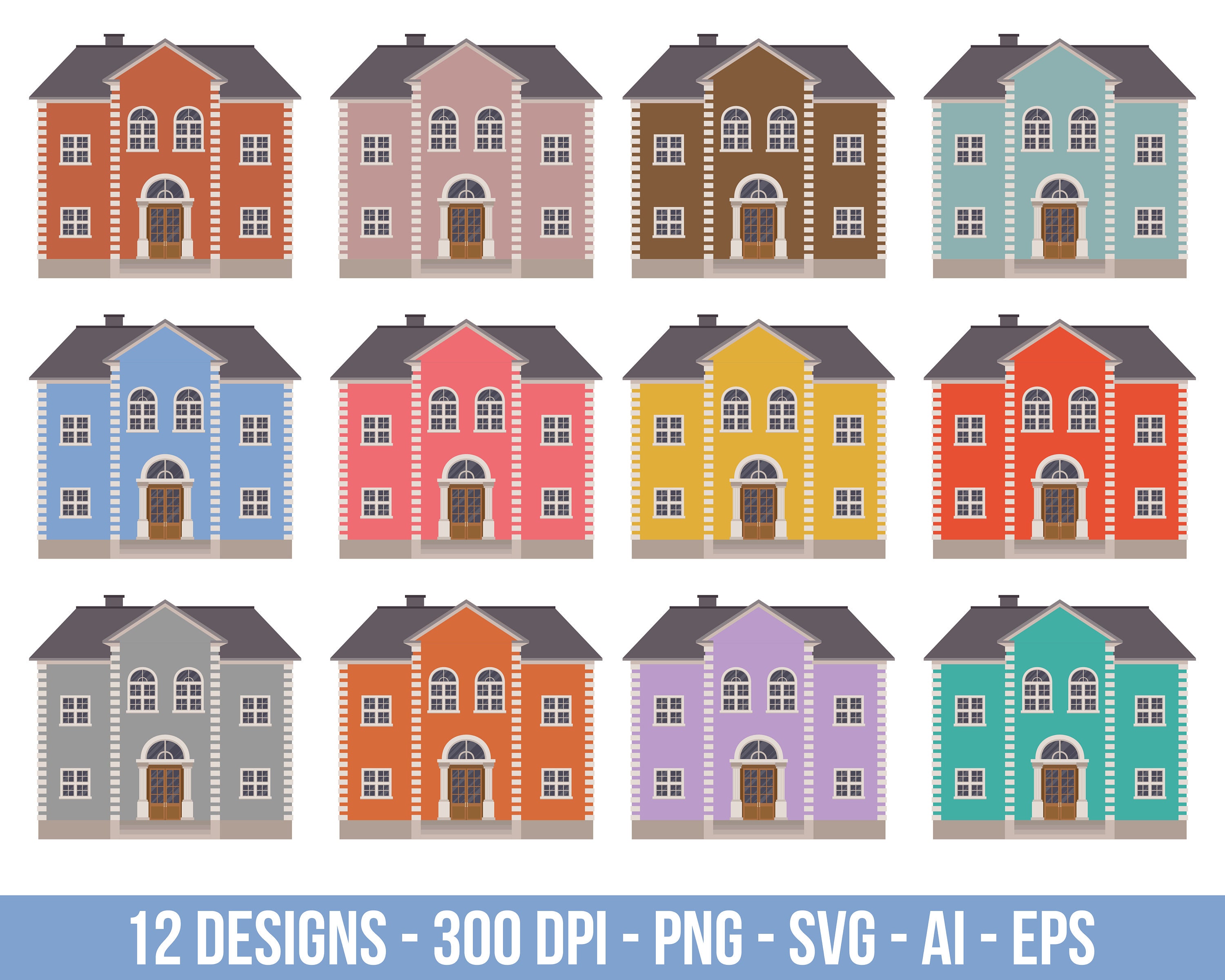 Brick House Building Clipart Set. Digital Images or Vector Graphics for
