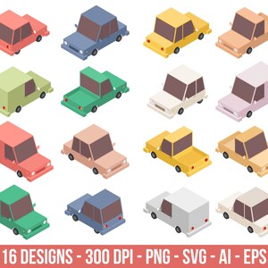 Isometric car clipart set. Digital images or vector graphics for commercial and personal use.
